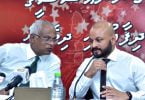 MDP PG leader Ibrahim Mohamed Solih (L) and Dhiggaru MP Faris Maumoon at an opposition press conference.