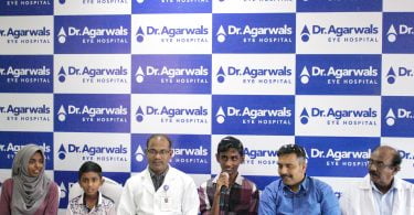 Master Hussain Ash-Ham Naseem, (Age 12), Dr. Lionel Raj D, Regional Medical Director, Dr. Agarwal’s Eye Hospital and Master Ahamed Zayan Shareet, (Age 15)