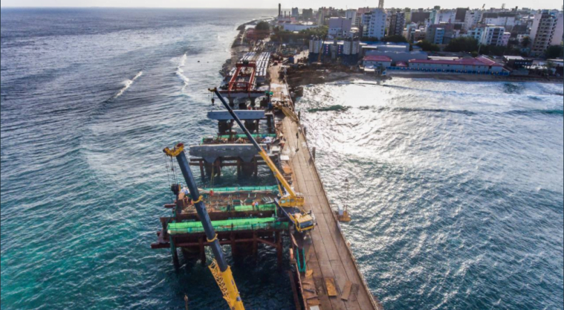 Aerial shot of the China-Maldives Friendship Bridge being developed between Male and Hulhule. PHOTO/ HOUSING MINISTER TWITTER
