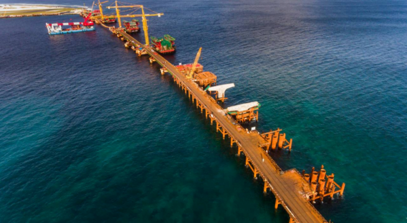 Aerial shot of the China-Maldives Friendship Bridge being developed between Male and Hulhule. PHOTO/ HOUSING MINISTER TWITTER