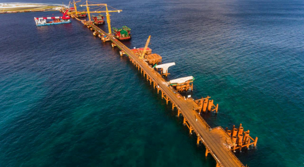 Aerial shot of the China-Maldives Friendship Bridge being developed between Male and Hulhule. PHOTO/ HOUSING MINISTER TWITTER