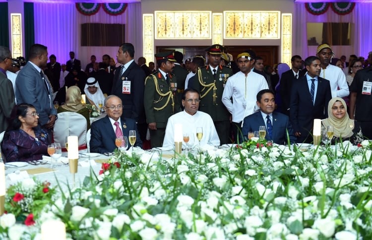 On the 50th Independence day of Maldives President Sirisena with President Yameen and Formerr President Maumoon at the official banquet held