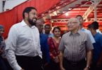 Former president Maumoon Abdul Gayoom (R) with Jumhoory Party's (JP)leader Qasim Ibrahim (L) at a gathering held in JP's official party camp Kunooz. PHOTO / MIHAARU