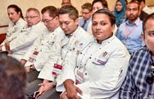 Chef Aminath Shani (R), one of the judges of the International Culinary Challenge at Hotel Asia Exhibition 2017. PHOTO/MIHAARU