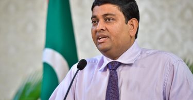 Fisheries Minister Mohamed Shainee speaks at press conference. PHOTO: NISHAN ALI/MIHAARU