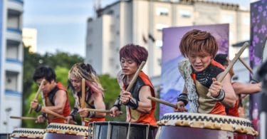 Members of SAI, a Japanese traditional drum group, pictured during their concert at the Republic Square, Male, on October 16, 2017. PHOTO: HUSSAIN WAHEED/MIHAARU
