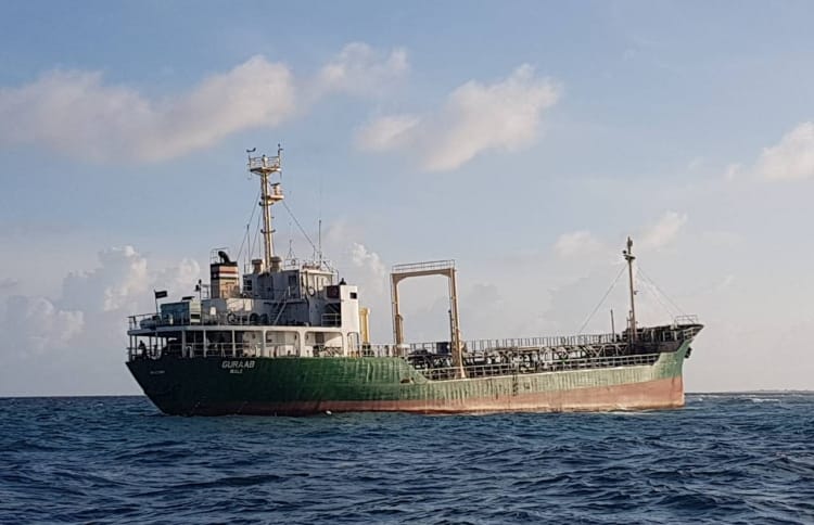 The STO's oil tanker named "Guraab" that was run aground a reef in Lhaviyani atoll on October 16, 2017. PHOTO / MNDF