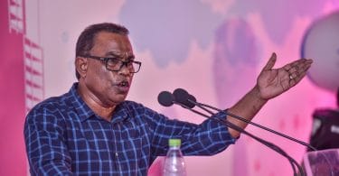 Ruling Progressive Party of Maldives (PPM) Deputy Leader and Fonadhoo MP Abdul Raheem Abdullah speaking at a rally held at the party's main hub in the capital Male. jpg