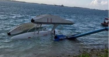 The Maldivian seaplane partly submerged in Hulhule lagoon after its crash landing. PHOTO/READER