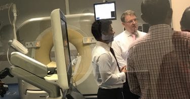 Health Minister Abdulla Nazim views the MRI machine in Tree Top Hospital, Hulhumale. PHOTO: ABDULLA JAMEEL/MIHAARU