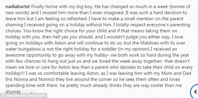 Adults only: 'I love going on holidays with Aston and will continue to do so, but the Maldives with its over water bungalows is not the right place for a toddler (in my opinion)...that doesn't mean that we love or care for Aston less than a parent who decides to take their child on every holiday,' Nadia wrote
