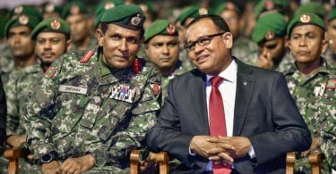Defence Minister Adam Shareef (R) and Chief of the Maldives National Defence Force (MNDF) Major General Ahmed Shiyam (L) at the meeting held to mark Victory Day on November 3, 2017. MIHAARU PHOTO / NISHAN ALI