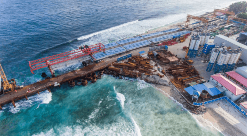 Aerial shot of the China-Maldives Friendship Bridge being developed between Male and Hulhule. PHOTO/ HOUSING MINISTER TWITTER