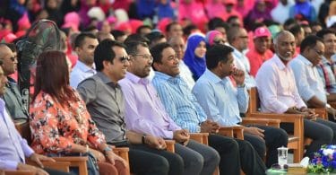 President Yameen with his cabinet at PPM rally in Kulhudhuffushi