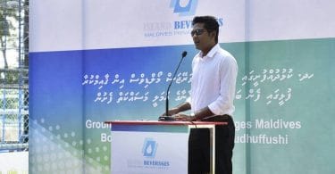 MWSC’s managing director Ibrahim Fazul Rasheed speaks at the inauguration ceremony of the water bottling plant project in H.Dh. Kulhudhuffushi. PHOTO/MWSC