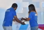 Two staff of Fenaka lays the foundation of one of the towers to be developed under the mega "Hiyaa" project in Hulhumale's second phase of development. PHOTO/PRESIDENT'S OFFICE