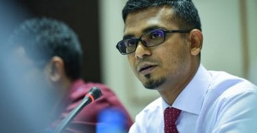 Finance minister Ahmed Munawar speaks at the parliamentary budget review committee. PHOTO: NISHAN ALI/MIHAARU