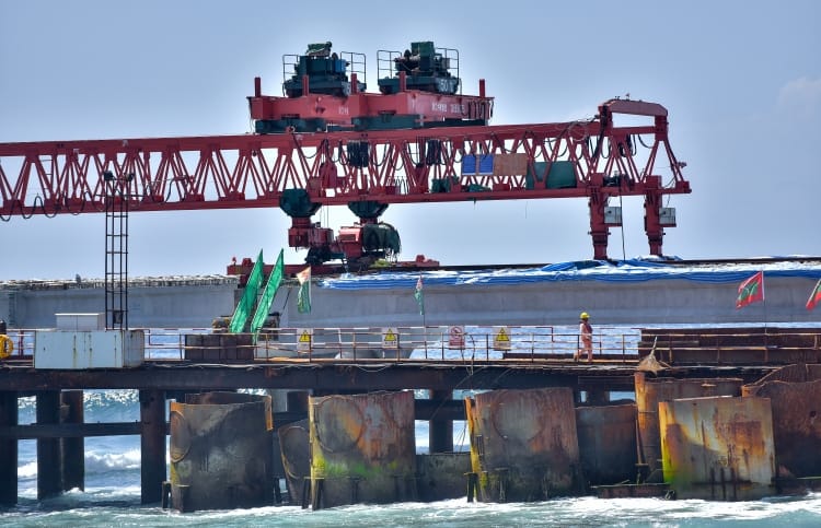 I-beams are placed at the approach bridge on the Male end of the China-Maldives Friendship Bridge PHOTO: NISHAN ALI/MIHAARU