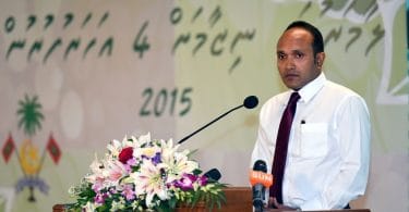 Former vice president Mohamed Nasheed speaks at a ceremony.