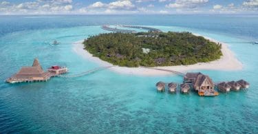 Aerial view of Anantara Kihavah Maldives in Baa atoll.