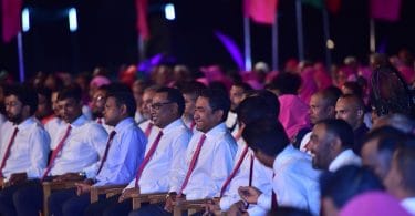 PPM's leadership pictured at the ceremony held in HDh. Kulhudhuffushi to mark PPM's sixth anniversary. PHOTO/PRESIDENT'S OFFICE