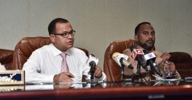 Islamic minister Dr Ziyad Baqir and defence minister Adam Shareef speak at press conference regarding the funds raised for the Rohingya.