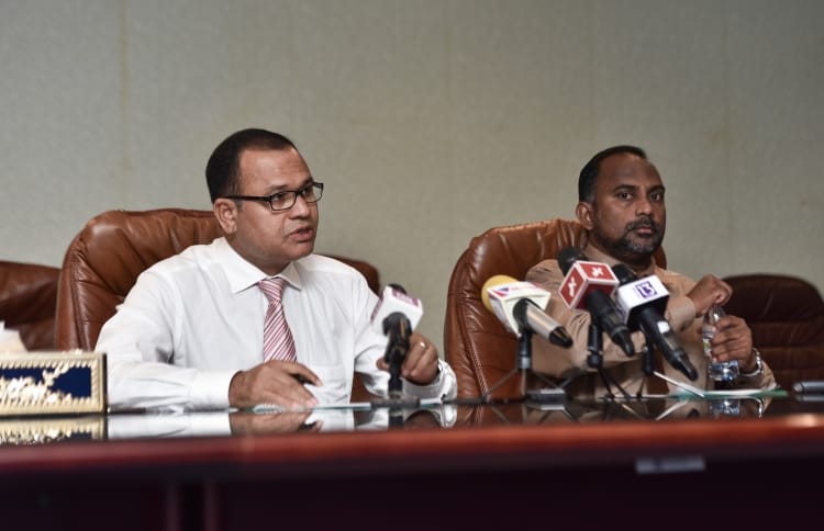 Islamic minister Dr Ziyad Baqir and defence minister Adam Shareef speak at press conference regarding the funds raised for the Rohingya.