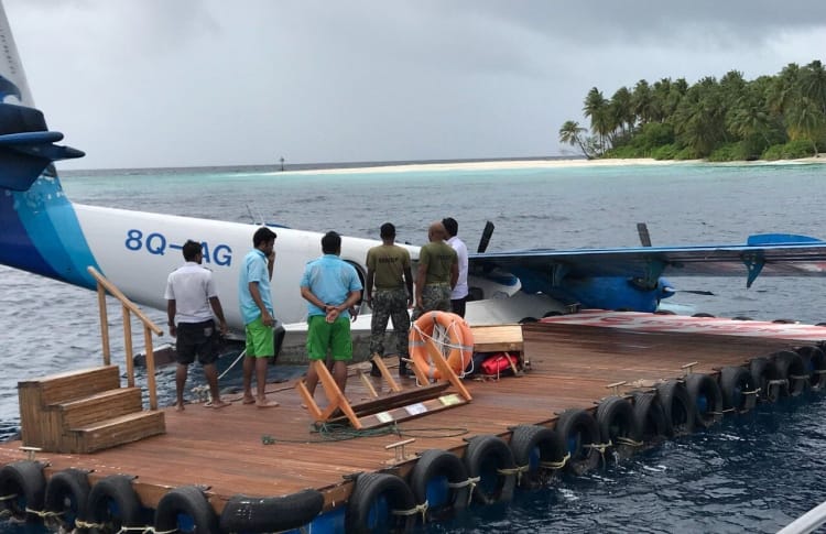 The seaplane of Maldivian after it lost its pontoon during take-off from Dhoores Retreat Resort.