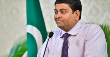 Fisheries minister Dr Mohamed Shainee speaks at a press conference. PHOTO/MIHAARU