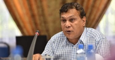 Maradhoo MP Ibrahim Shareef of MDP speaks at parliamentary budget review committee meeting. PHOTO: HUSSAIN WAHEED/MIHAARU