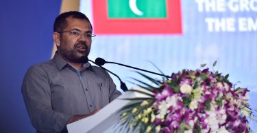Tourism minister Moosa Zameer pictured speaking at a ceremony. PHOTO/MIHAARU