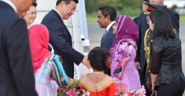 Chinese president Xi Jinping greets Maldives president Abdulla Yameen during the former's visit to the Maldives in 2014.