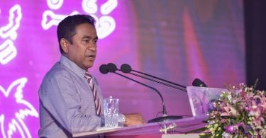 President Abdulla Yameen speaks at PPM ceremony. PHOTO: HUSSAIN WAHEED/MIHAARU