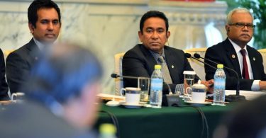 President Abdulla Yameen (C) speaks at the Business Leaders Forum during his first state visit to China. PHOTO/PRESIDENT'S OFFICE