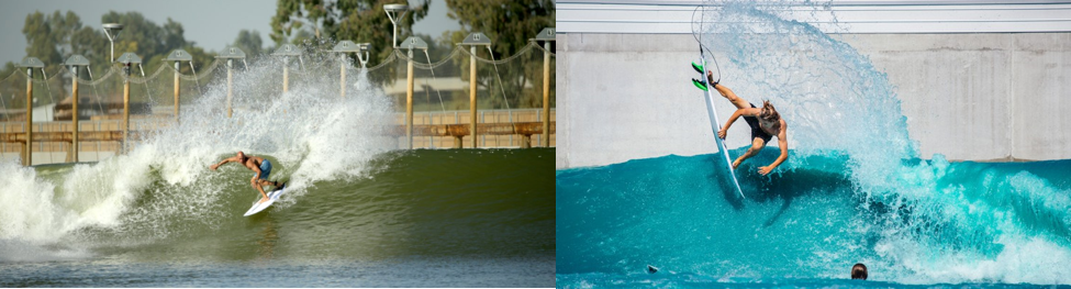 Left: Kelly Slater’s Surf Ranch. Photo: outsideonline.com / Right: BSR Surf Resort by PerfectSwell. Photo: raisedwaterresearch.com